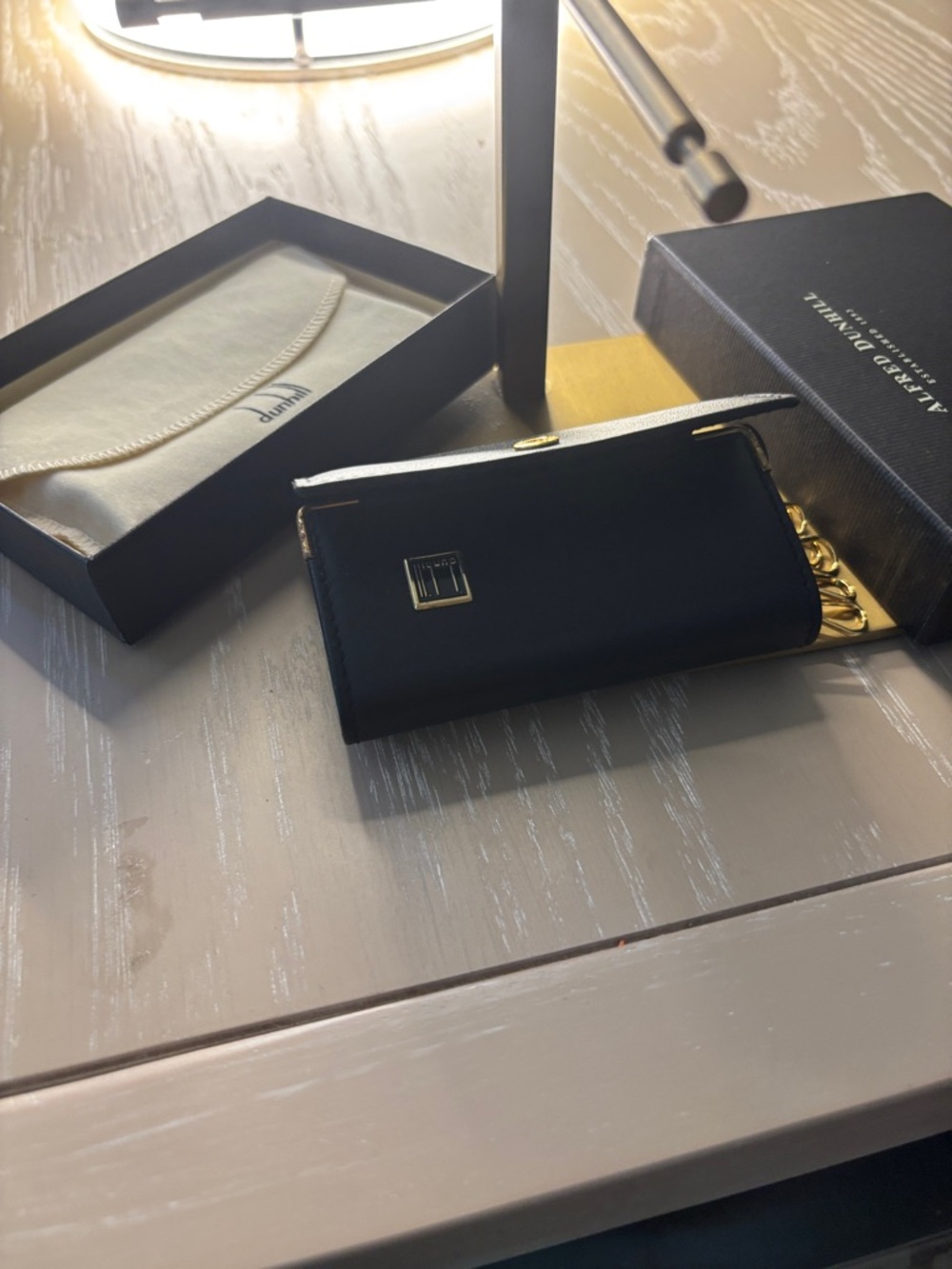 Dunhill Black Leather Key & Card Holder with Gold Hardware